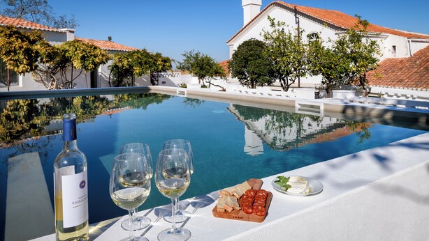 A poolside table with a bottle of white wine, two glasses, a plate of food, and a view of a building with red-tiled roofs.