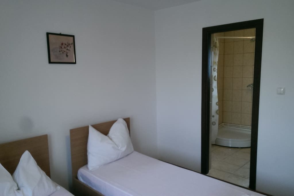 Una habitación pequeña y limpia con dos camas individuales, una zona de ducha y un cuadro en la pared.