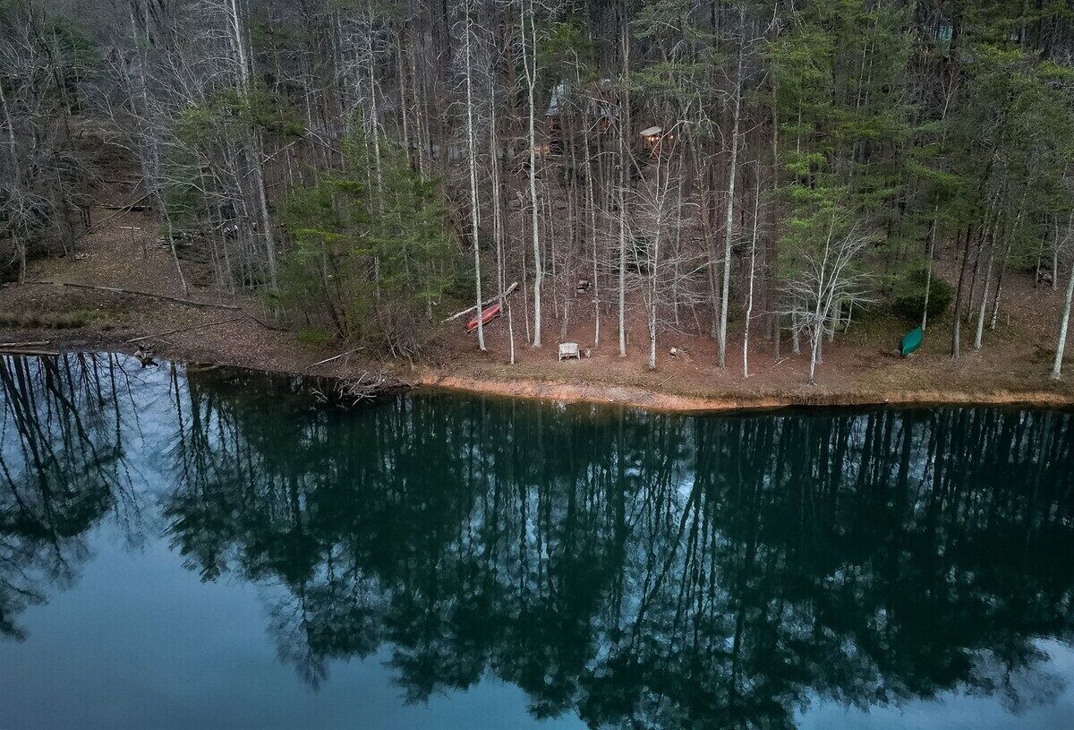 A forested area with a body of water reflecting trees, a small dock, and a chair.