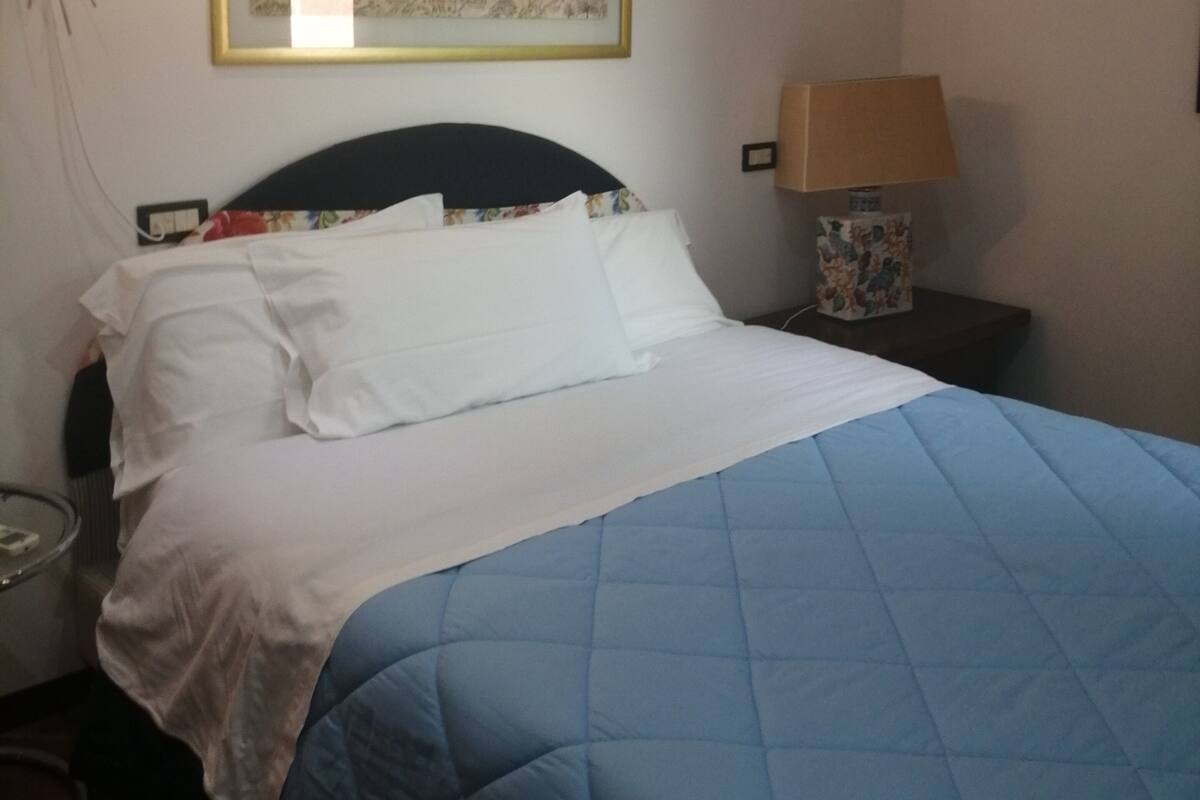 Una cama con colcha azul y almohadas blancas, una mesita de noche con lámpara y un cuadro en la pared.