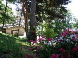 Una casa rodeada de árboles y un jardín con flores rosadas y blancas.