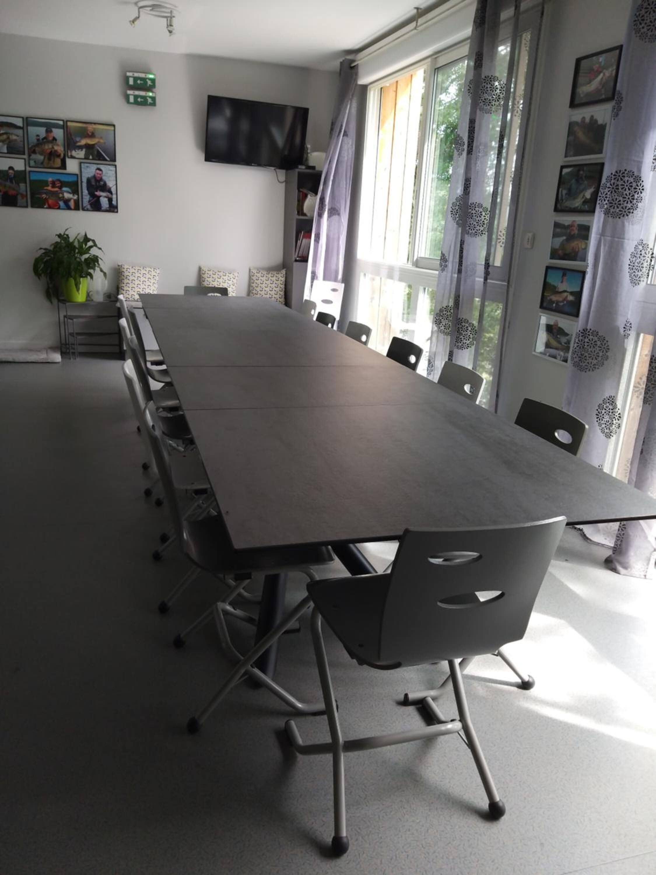 Un salón de conferencias con una larga mesa, sillas, un televisor y una planta en maceta.