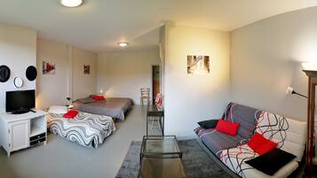 A compact living space with a bed, sofa, TV, and a small table.