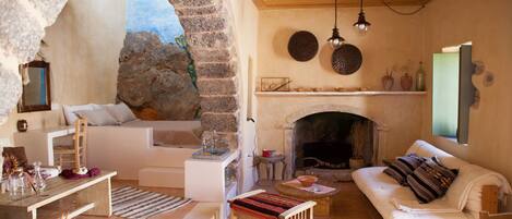 Cottage, 2 Double Beds, Non Smoking | Living area | Fireplace