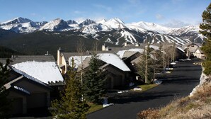 Un quartier résidentiel avec des maisons, une allée et, en arrière-plan, des montagnes enneigées.