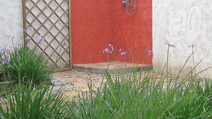 A red door with a metal gate, a shower, and some purple flowers in front. - Charming house with beautiful garden, close to the beach. Free WiFi! (riola sardo)
