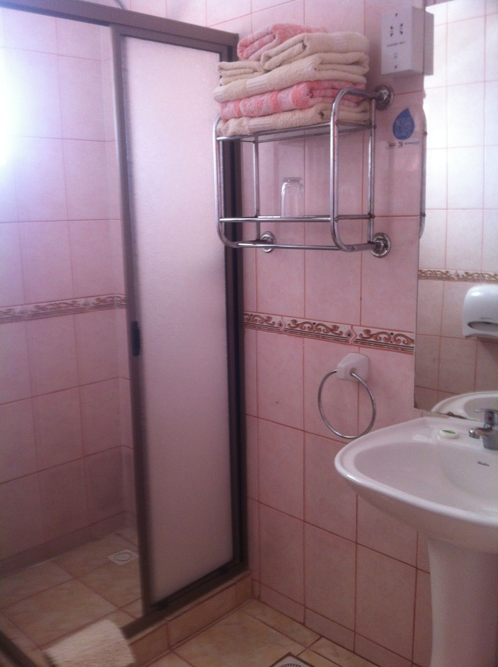 Un baño con ducha, toallero, lavabo y un borde decorativo de azulejos.