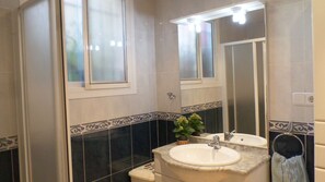 Shower, hair dryer, bidet, towels