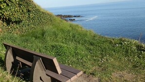 A bench overlooking a coastal area with a clear view of the ocean and rocky outcrops. - DOËLAN, Villa ***** 12 p, heated indoor pool, spa, sauna, billiards (Clohars-Carnoët)