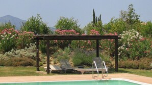 A pool area with lounge chairs and a pergola, surrounded by flowering plants and trees.
