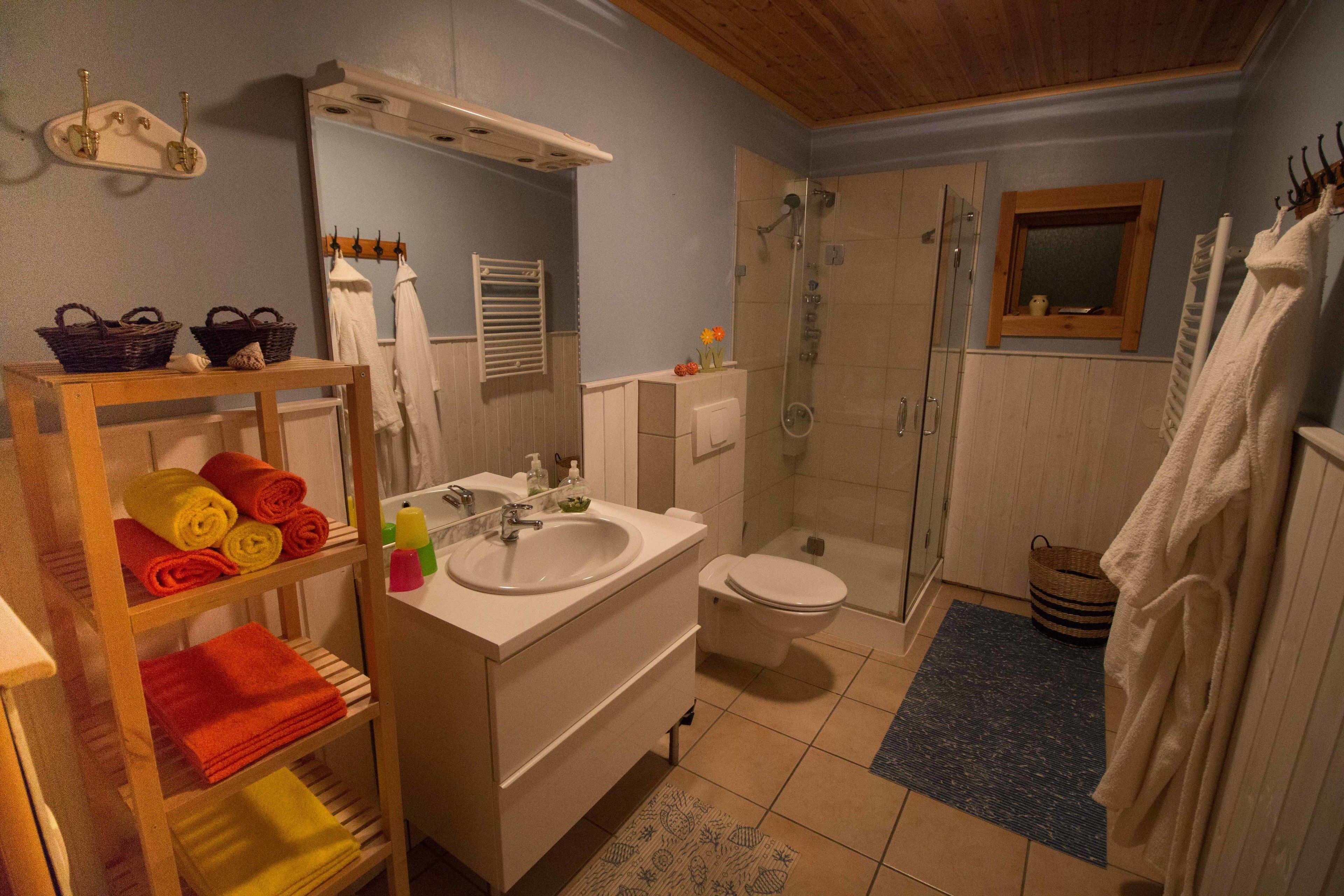 Shower, free toiletries, towels, soap