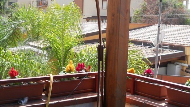 A balcony with a blue lamp, potted plants, and a view of neighboring buildings. - Olympus B&B (Agrigento)