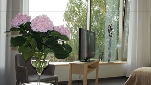 A room with a large window, a television on a wooden table, and a vase with pink flowers. - Zaliasis slenis - Self check-in hotel (Aukštkiemiai)