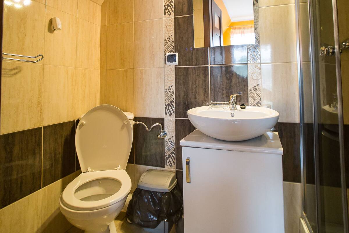Ein modernes Badezimmer mit Toilette, Waschbecken und Dusche.