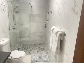 Shower, hair dryer, towels, soap