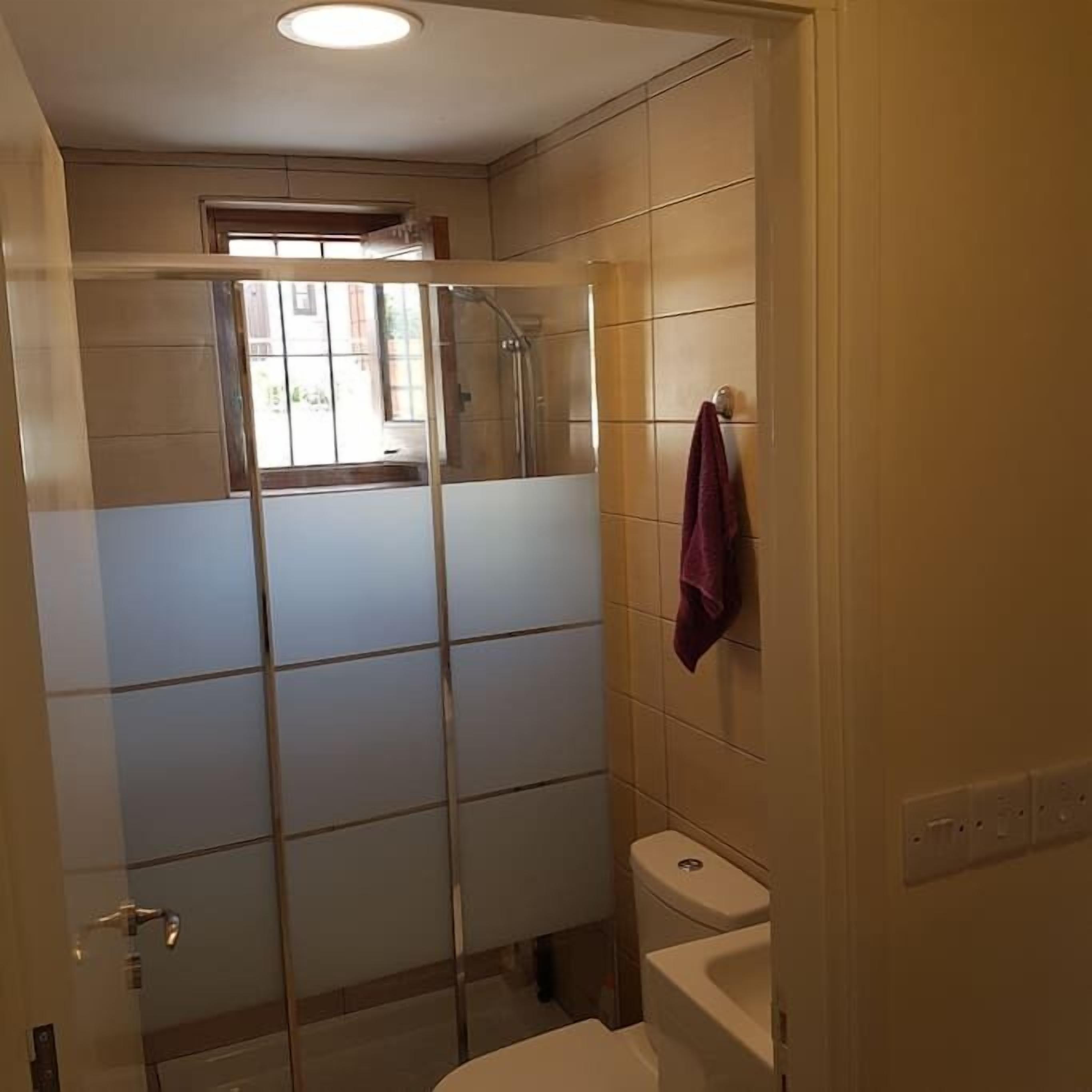 Een badkamer met een douche met glazen wand, een toilet en een raam.