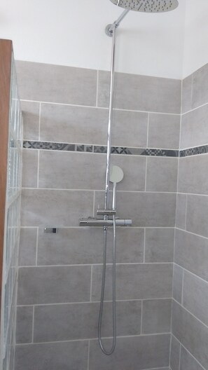 Combined shower/bathtub, hair dryer, towels, toilet paper