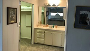 A bathroom with a vanity, sink, mirror, and a bed visible through the glass door.