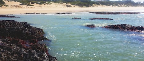 On the beach, sun-loungers