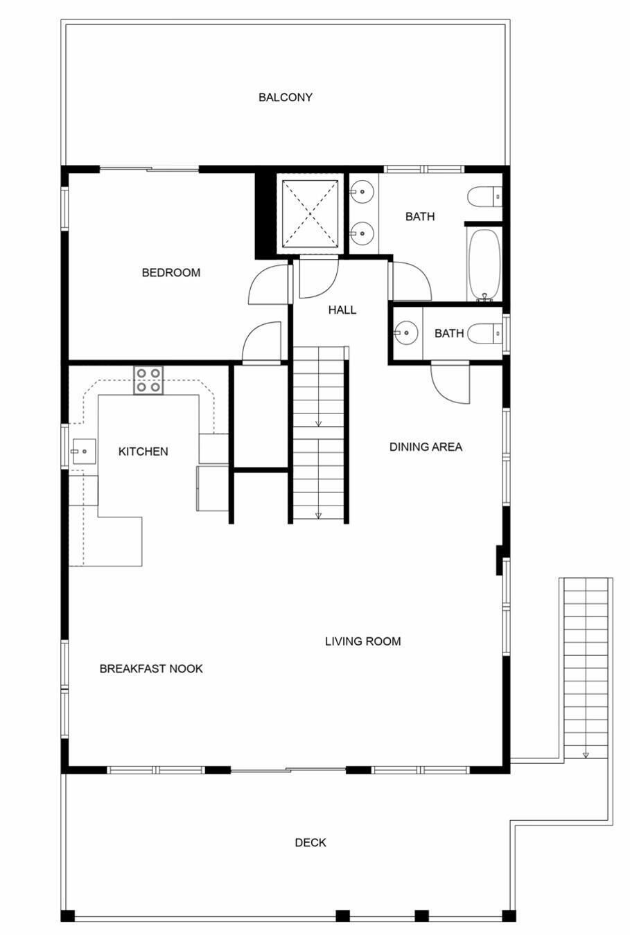 A floor plan with a balcony, bedroom, kitchen, dining area, living room, breakfast nook, bathroom, and hall.
