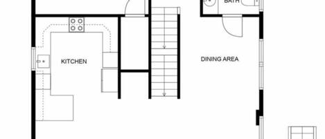 A floor plan with a balcony, bedroom, kitchen, dining area, living room, breakfast nook, bathroom, and hall.
