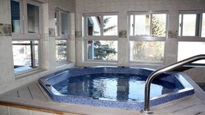 A spa room with a large hot tub, large windows, and a view of trees outside.