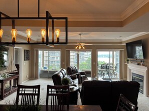 Smart TV, fireplace, DVD player, books