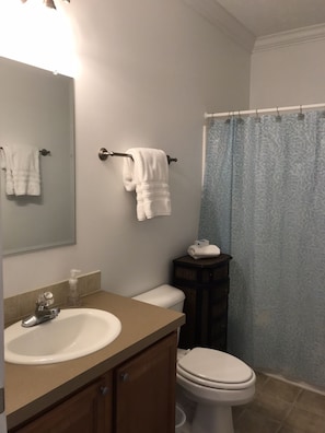 Combined shower/bathtub, hair dryer, towels, soap