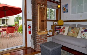 TV connectée, cheminée, livres, chaîne hi-fi