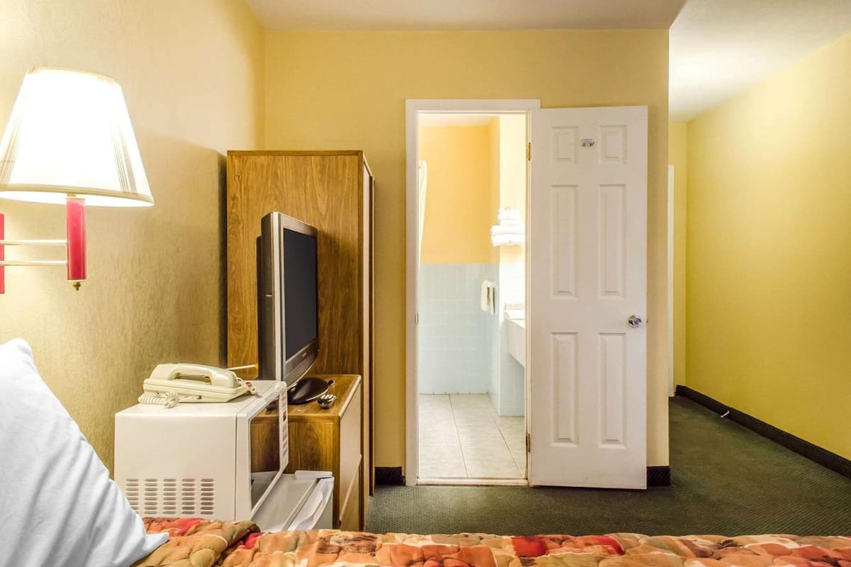Una habitación de hotel con una cama, televisión, teléfono y puerta que da a un baño.