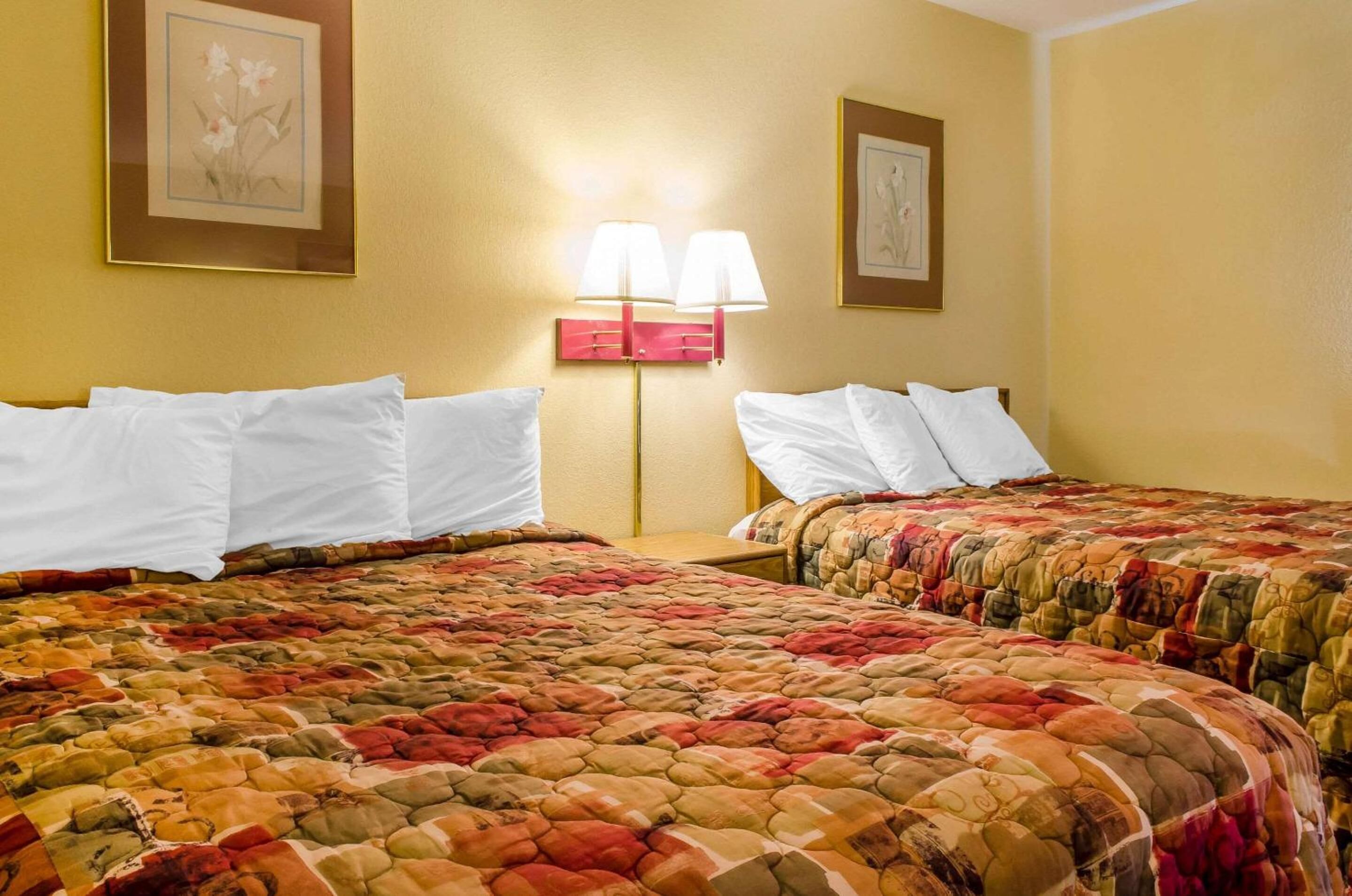 A hotel room with two beds, each with white pillows and a colorful quilted bedspread. There is a nightstand with a lamp between the beds.