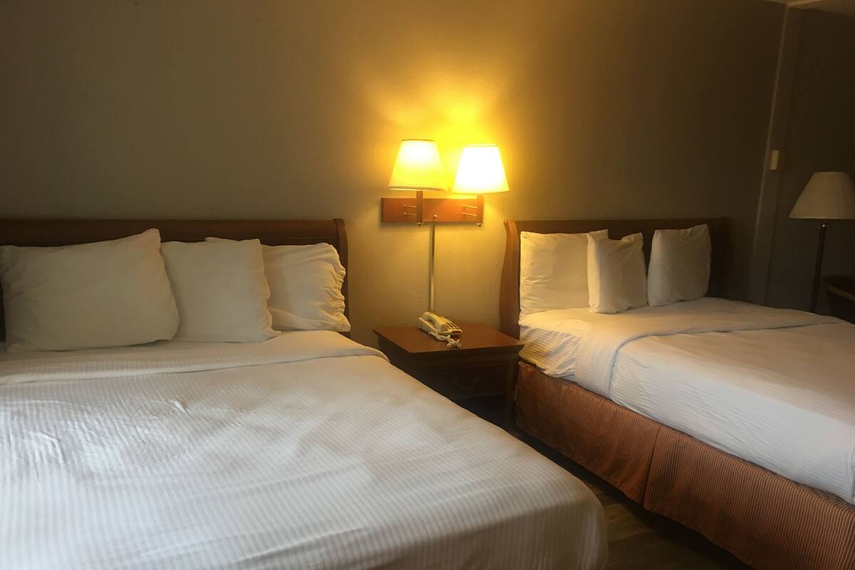 Habitación de hotel con dos camas, cada una con ropa de cama y almohadas blancas, una mesita de noche con lámpara y teléfono, y cabecero de madera.