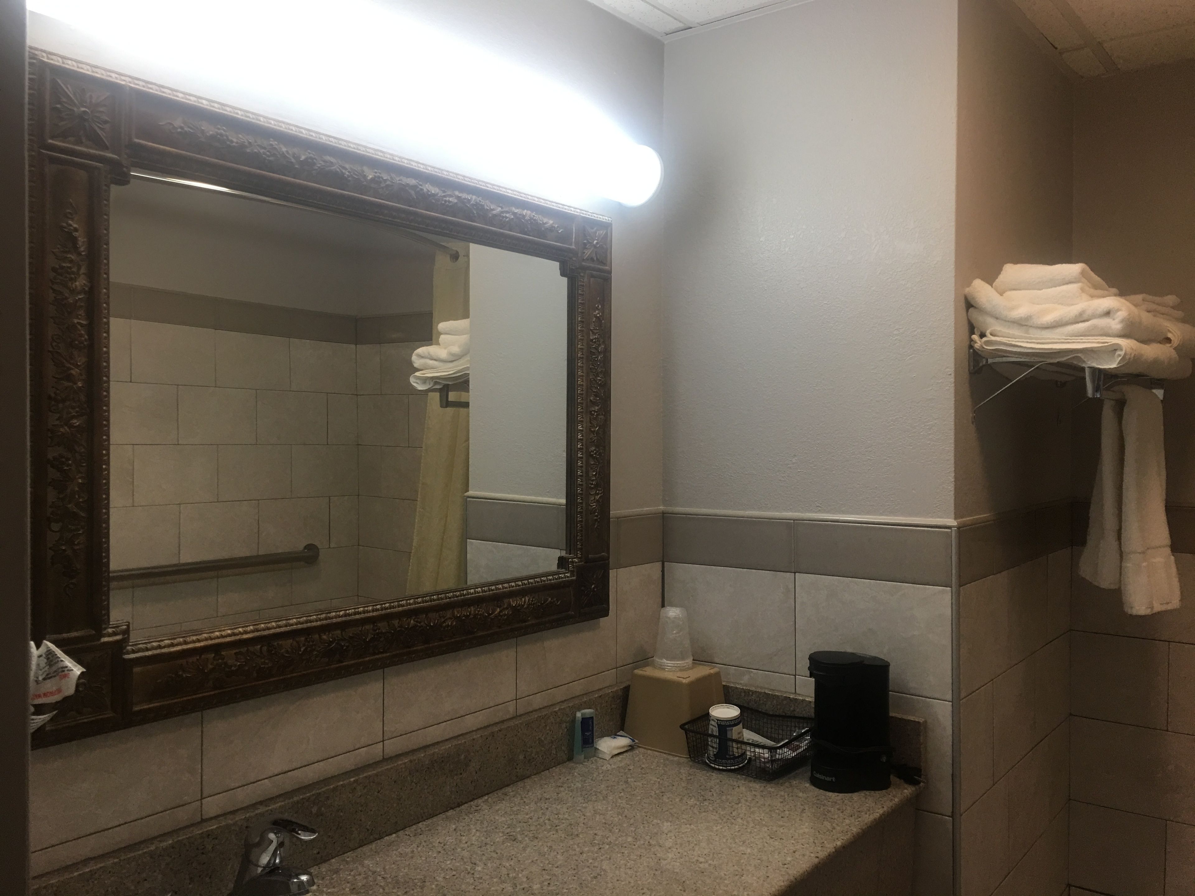 A bathroom with a large mirror, a sink, a towel rack, and a coffee maker.