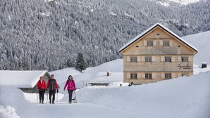 Una cabaña de madera con techo inclinado, rodeada de árboles y montañas cubiertas de nieve.