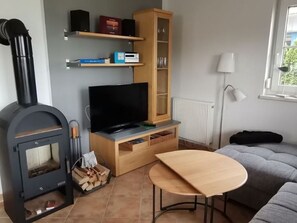 A living room with a fireplace, a television, a cabinet, and a sofa.