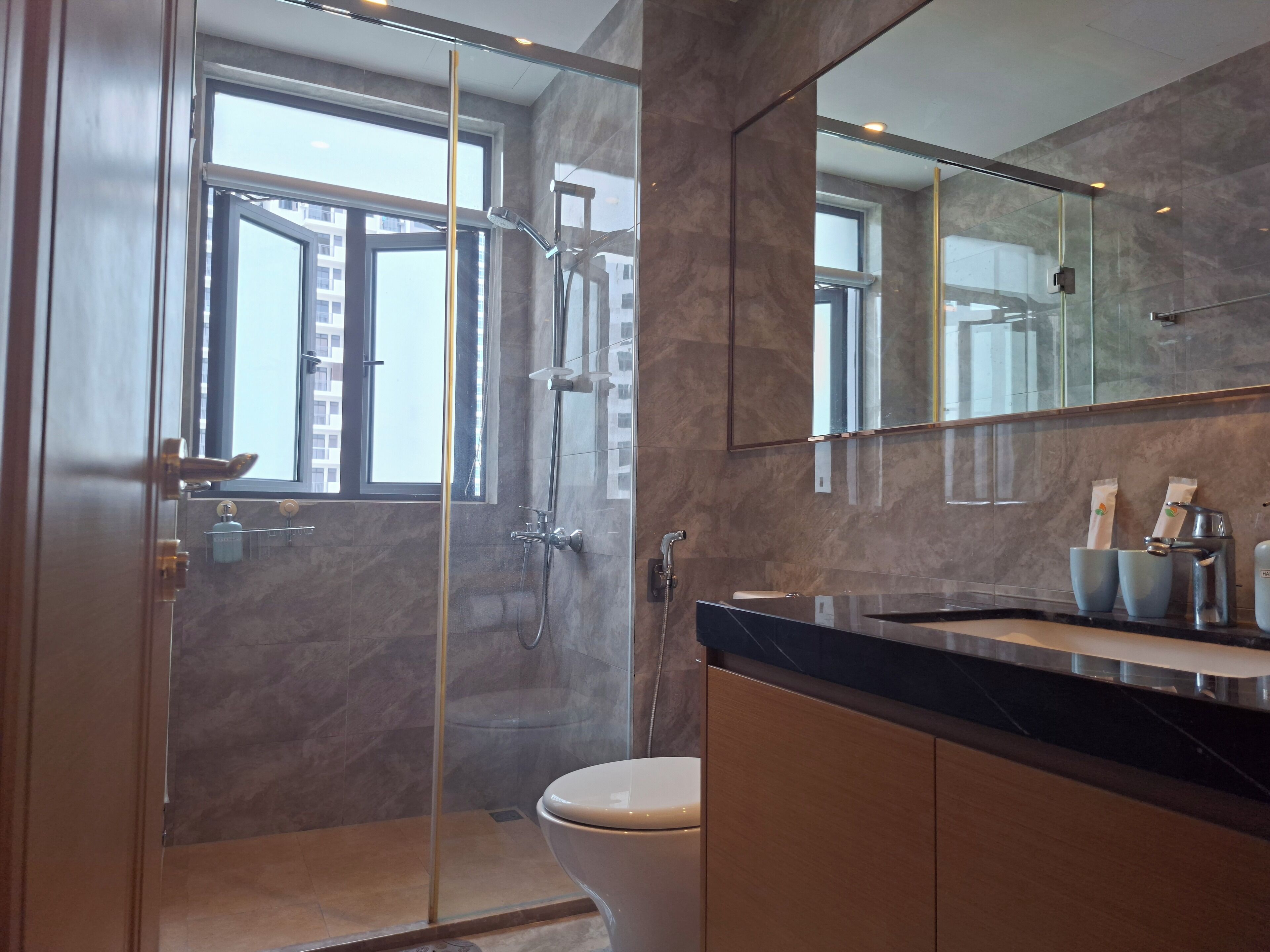 A modern bathroom with a glass-enclosed shower, a toilet, and a vanity with a mirror.