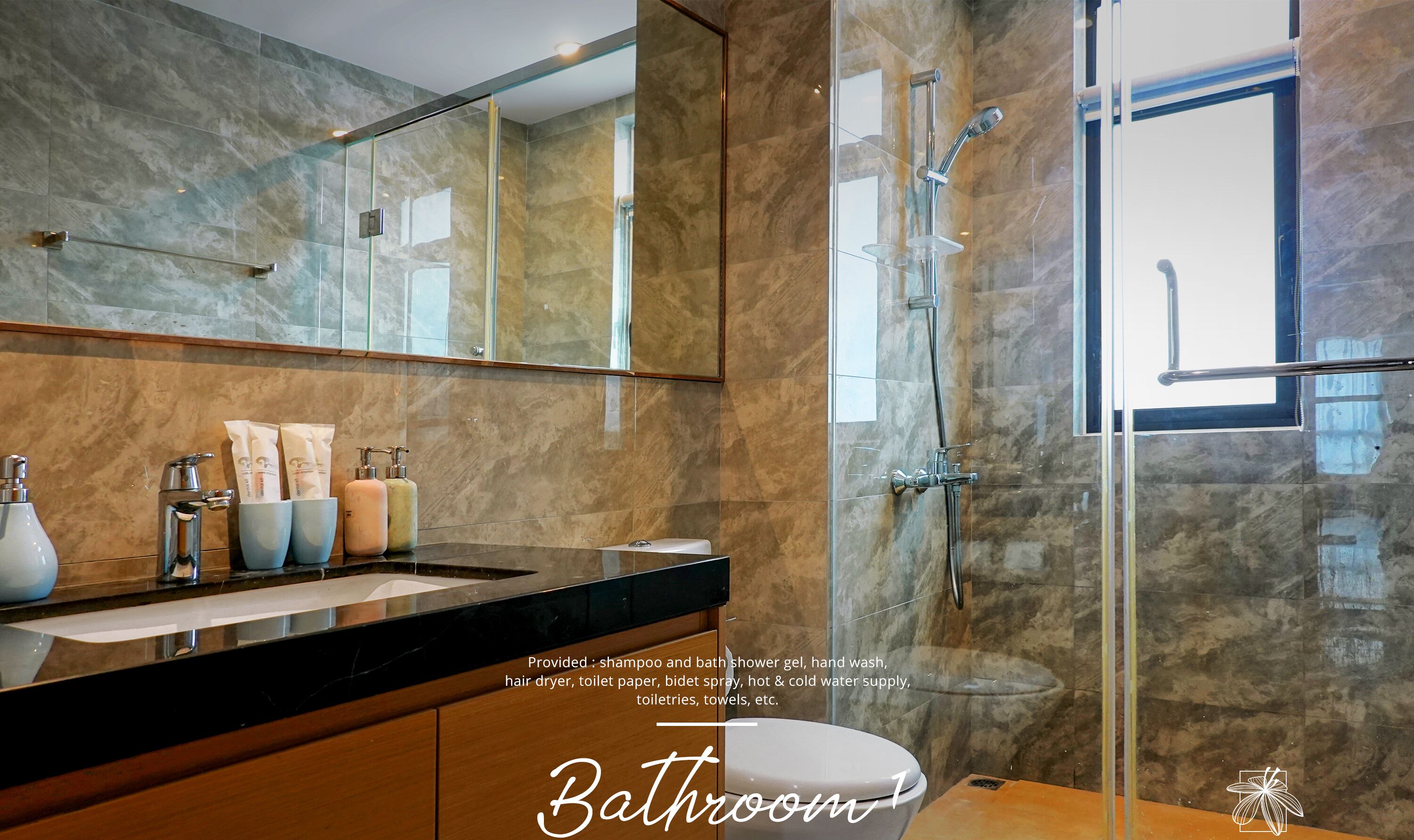 Shower, hydromassage showerhead, free toiletries, hair dryer