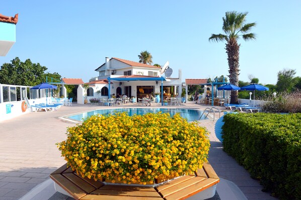 Outdoor pool, pool umbrellas, sun loungers - Hotel Muses (Faliraki)