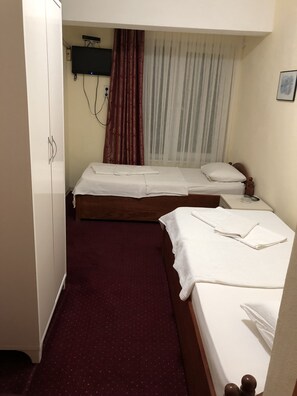 A hotel room with two single beds, a wardrobe, a television mounted on the wall, and a curtain. - Hotel Sarayevo (Ayvalik)