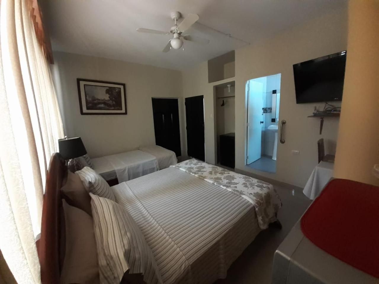 A hotel room with a bed, a desk, a chair, a television, and a ceiling fan.
