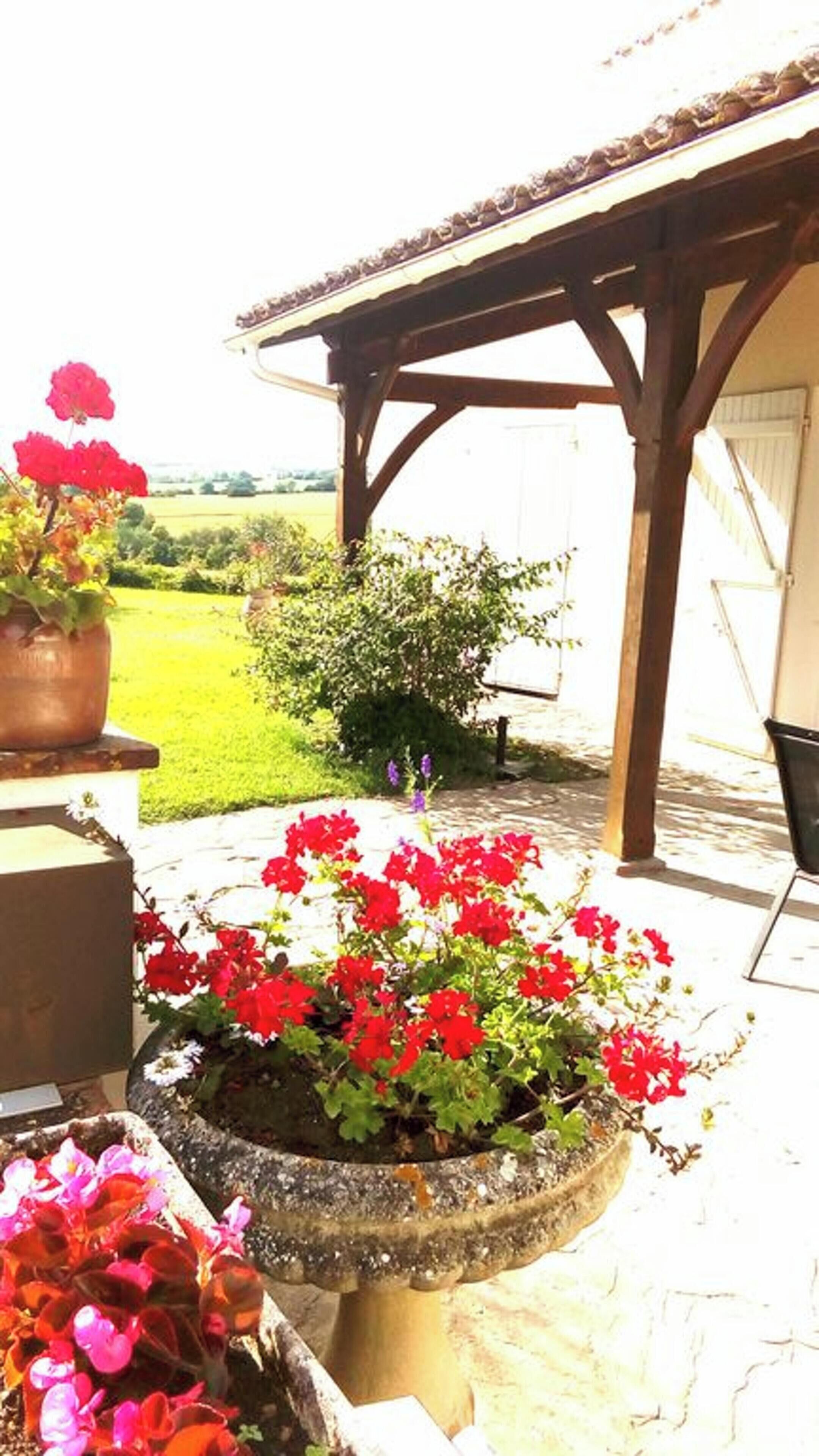 A garden area with a stone planter filled with red flowers, a wooden pergola, and a view of a green field.
