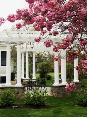 A white pergola with columns, surrounded by a garden with pink flowers and green grass. - Victorian Seasons Stirling (Greenport)