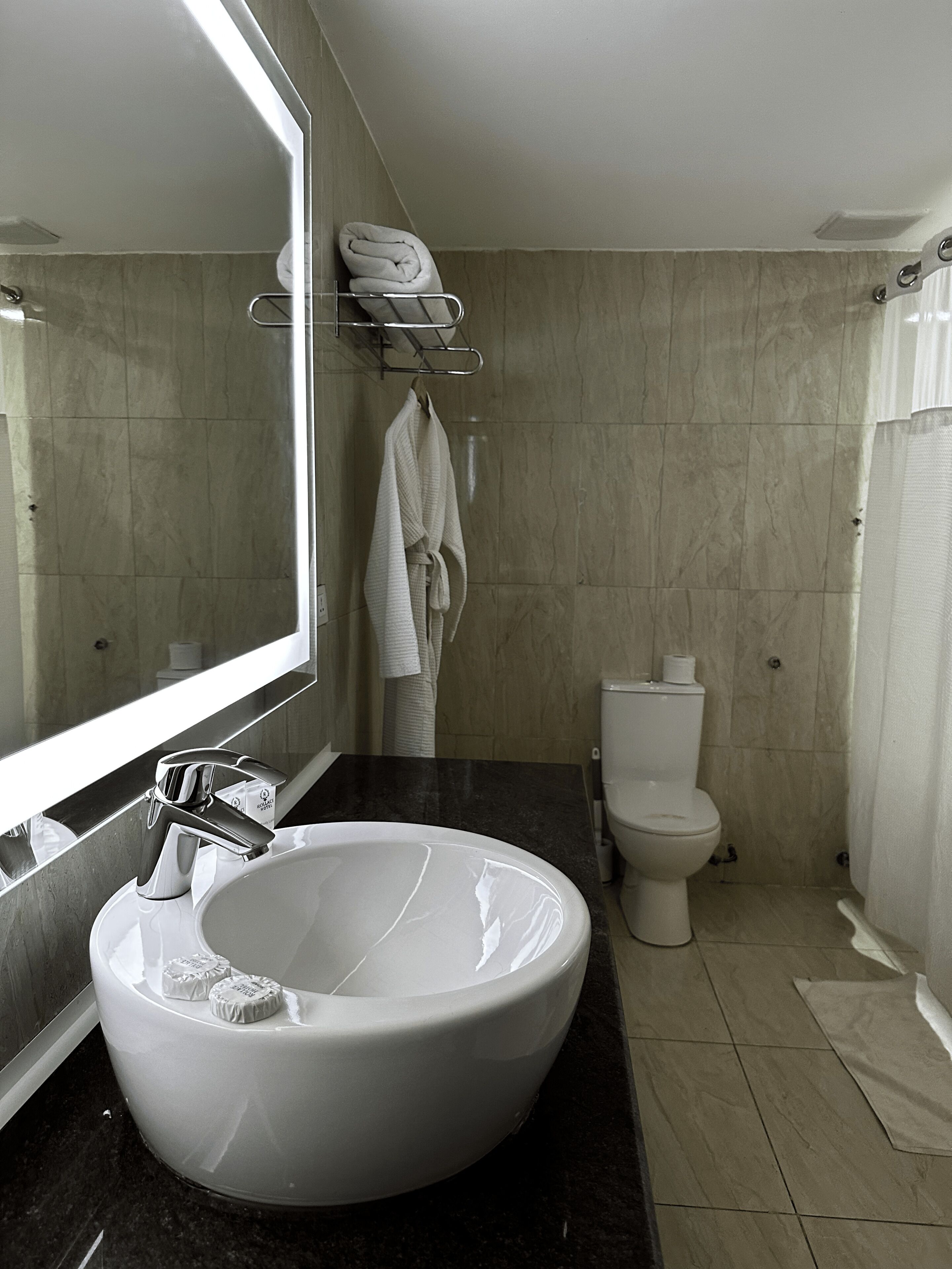 Un baño moderno con un lavabo grande de color blanco, inodoro y zona de ducha.