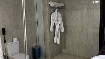 A bathroom with a toilet, a shower, a sink, and a robe hanging on the wall.