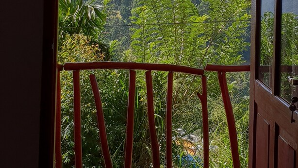 A view through a window with a wooden frame and a red railing, overlooking a hillside with dense greenery and a clear sky. - Adannz view (Ella)