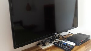 Ein Flachbildfernseher an der Wand, verbunden mit einem Streaming-Gerät und einer Fernbedienung.