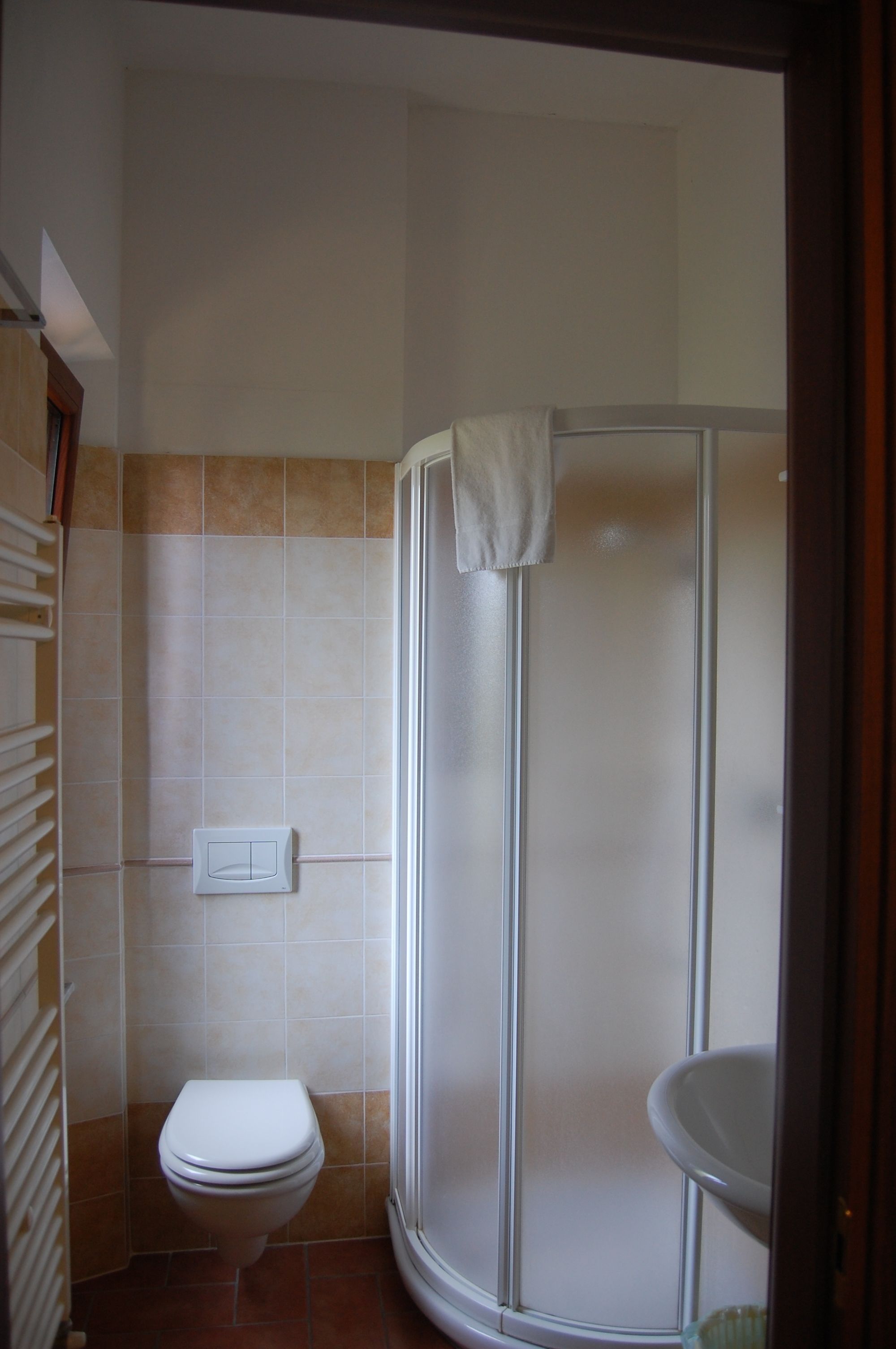 A bathroom with a toilet, a glass shower enclosure, and a sink.