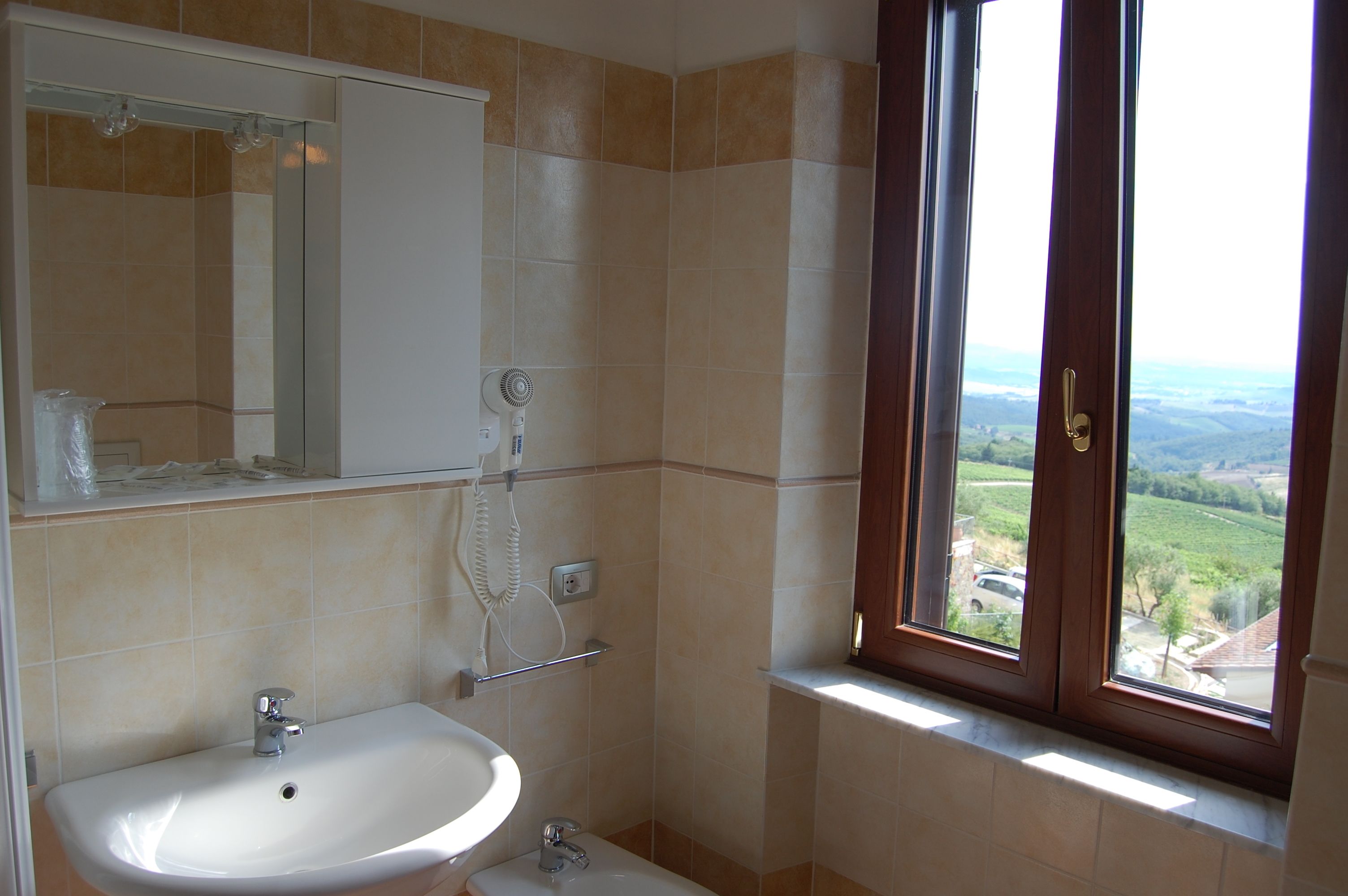 Un baño con lavamanos, espejo, ducha y ventana con vistas al campo.