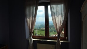 Una habitación con ventana, cortinas traslúcidas, radiador en la parte inferior y vistas a un paisaje verde.