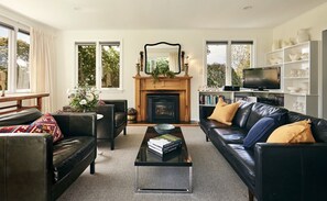 Smart TV, fireplace, DVD player, books